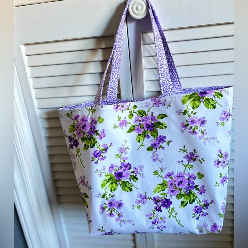 Handmade Floral Tote Bag Purple Fabric All Purpose Market Shoulder Purse - Picture 3 of 7